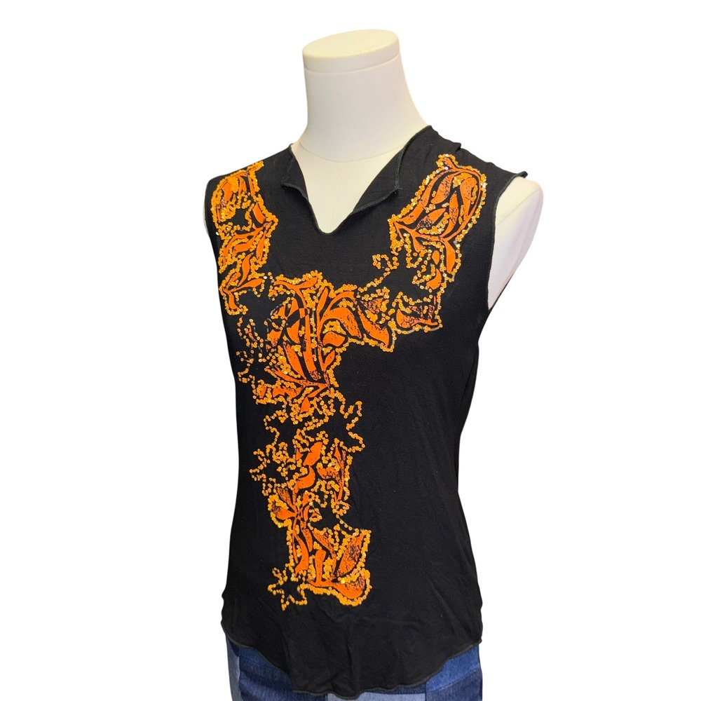 Vintage‎ On Line Orange Sequin Tribal Graphic Tank Top M/L Made In Greece Y2K